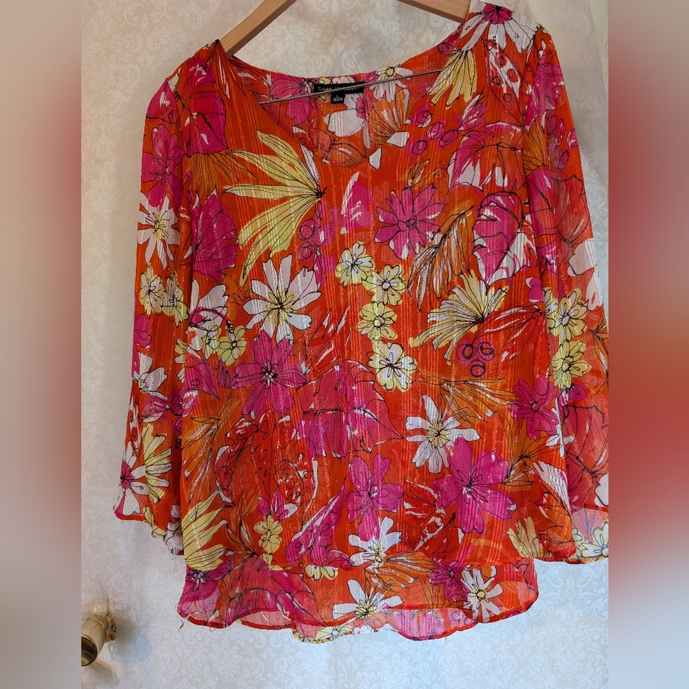 Sara Michelle Top Sz. Large Bright Orange Floral - Picture 2 of 16